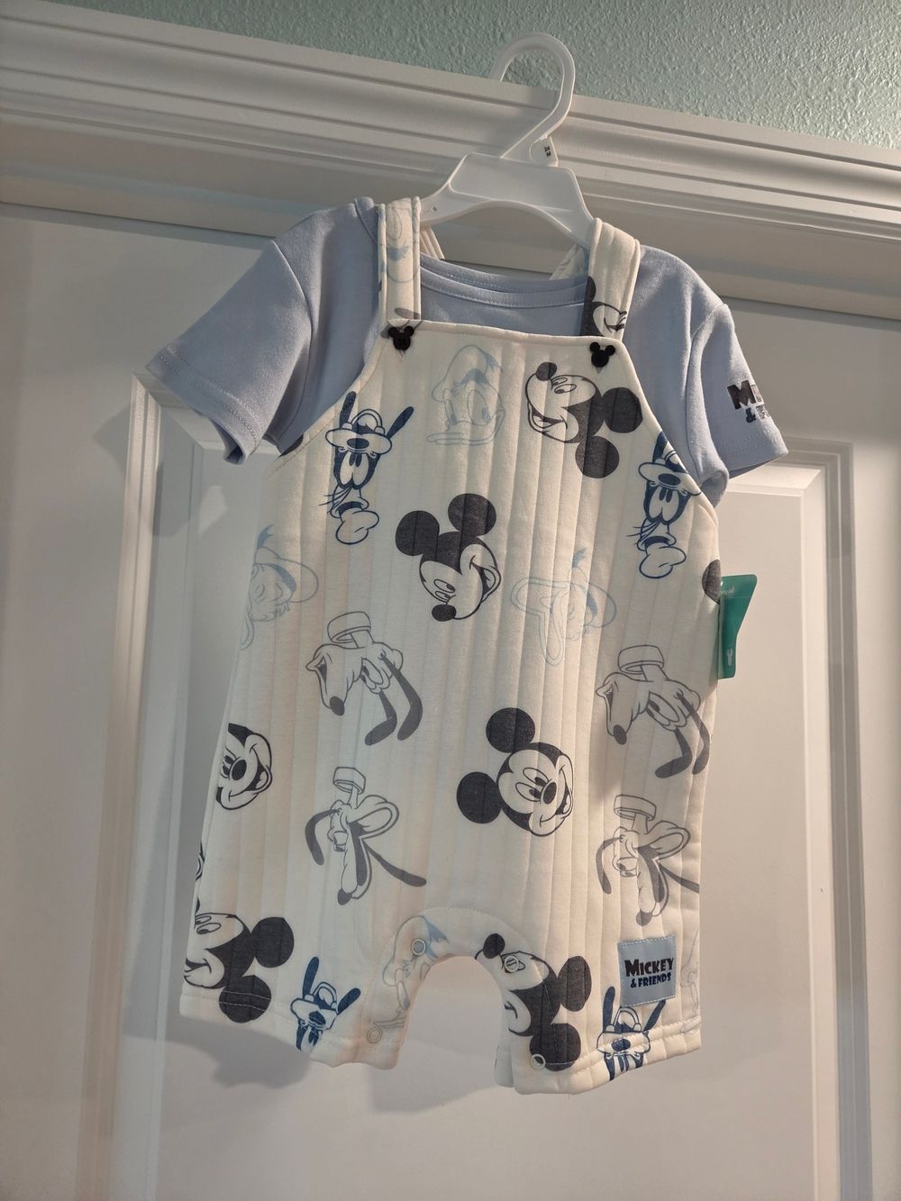 Disney Cream Quilted Mickey Overalls with Light Blue Tee Nwt 24m
